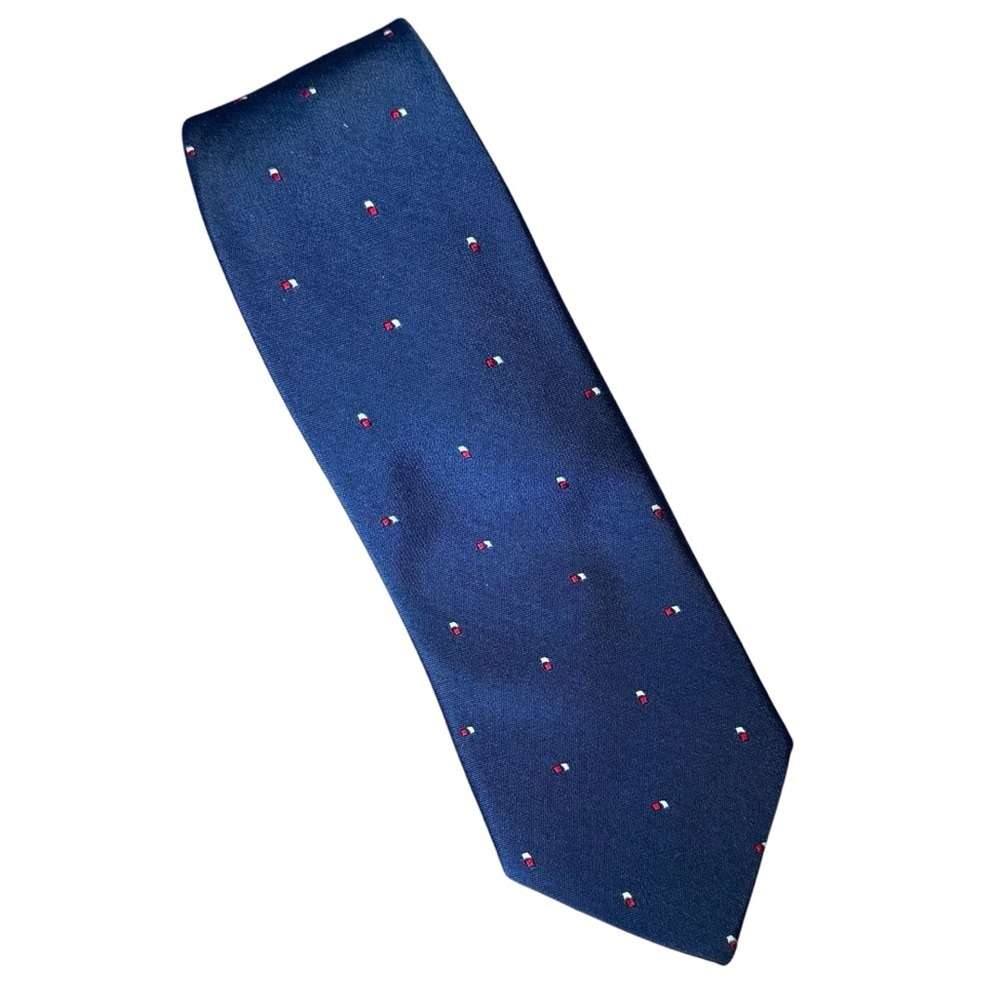 OSCAR DE LA RENTA Vintage Navy Blue Silk Neck Tie Red White Polka Dots